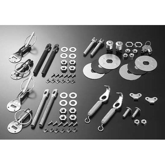 Cusco black anodized aluminum hood body pins with hairpins and mounting plates.