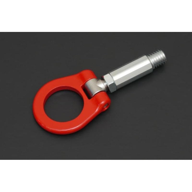 Red Cusco folding rear tow hook with a steel threaded shaft for the 2020+ Toyota Supra A90