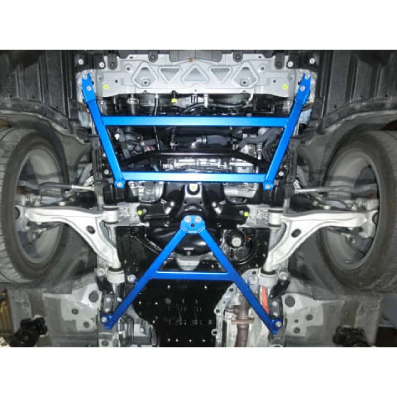 Blue powder-coated Cusco Front Power Brace for 2017-2024 Lexus RC series chassis reinforcement.