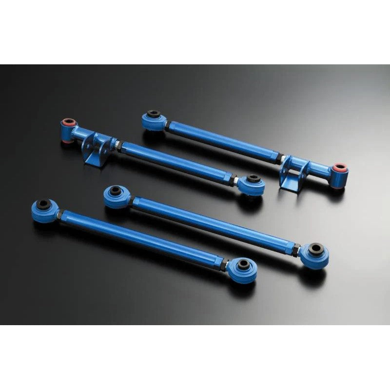 Cusco adjustable rear front-side lateral links with blue finish and pillowball rod ends for 2002-2007 Subaru WRX.