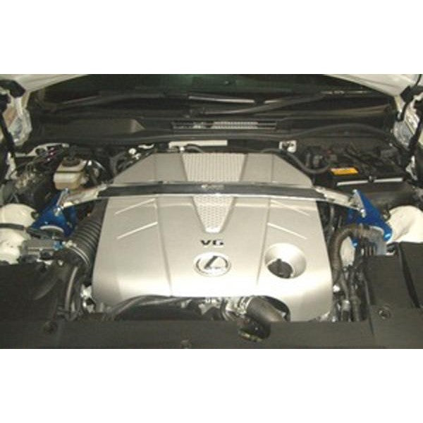 Cusco Type OS polished aluminum front strut tower bar with blue steel brackets for 2006-2014 Lexus IS250 and IS350.