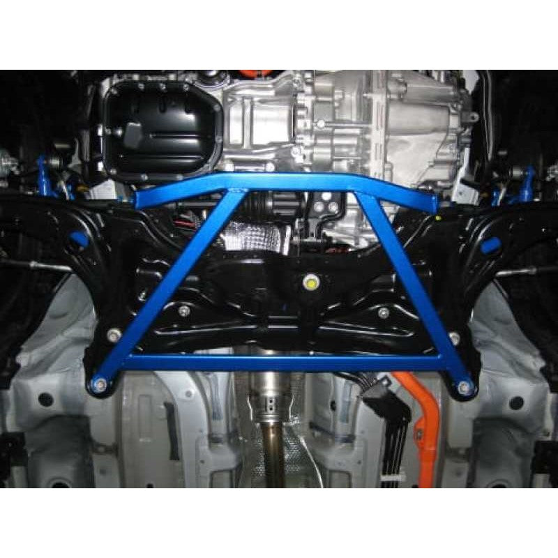 Cusco signature blue 4-point steel lower arm bar version II for Toyota Prius C chassis reinforcement.