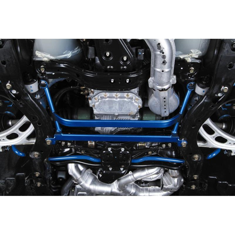 Cusco Type II multi-point front lower arm bar in blue for 2002-2007 Subaru Impreza chassis.