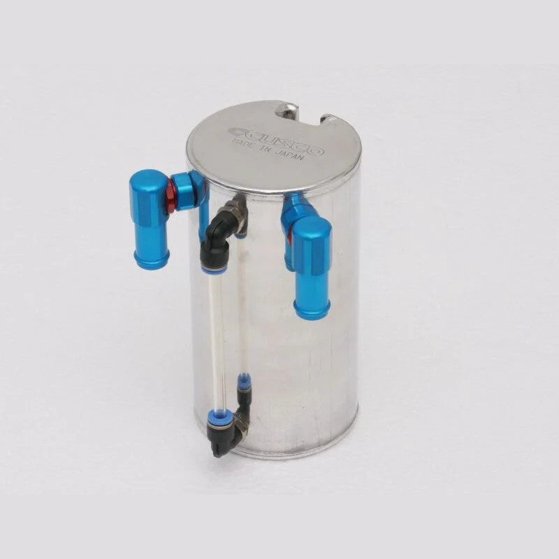 Polished Cusco 0.6L oil catch can with blue mounting bracket and 15mm hoses for Toyota GR Corolla