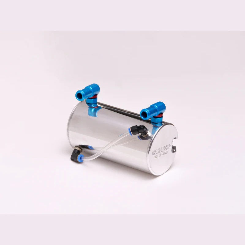 Polished aluminum Cusco 0.6L round oil catch tank and horizontal mount bracket kit.