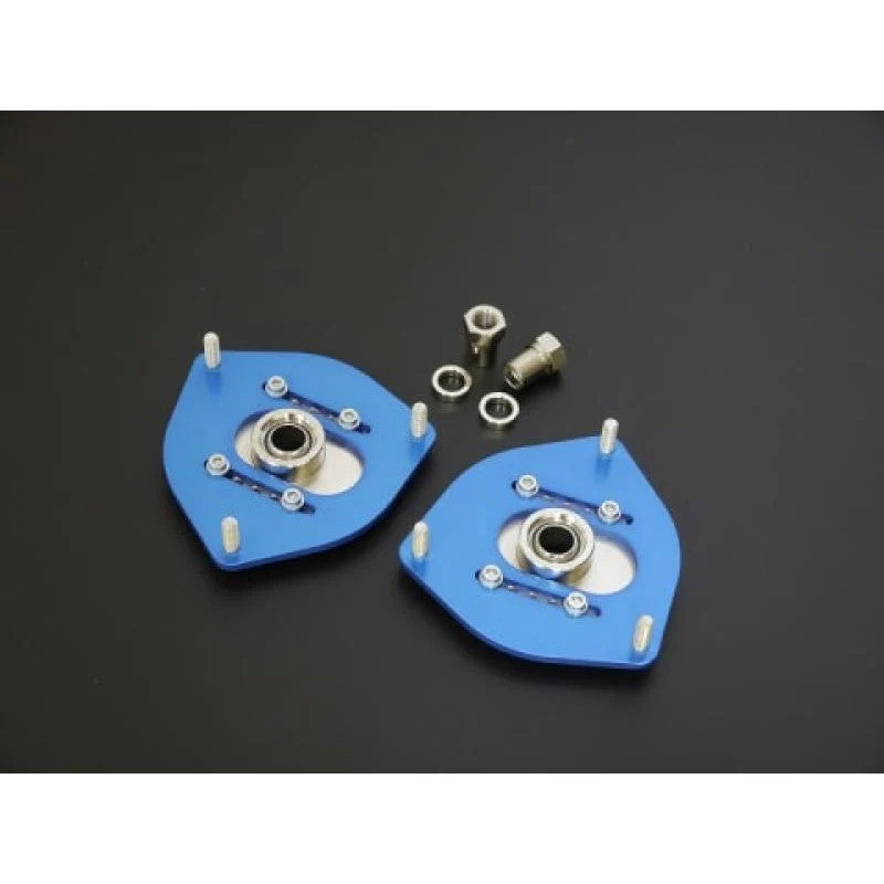 Cusco blue duralumin front adjustable camber pillowball upper mounts for Subaru and Toyota suspension.