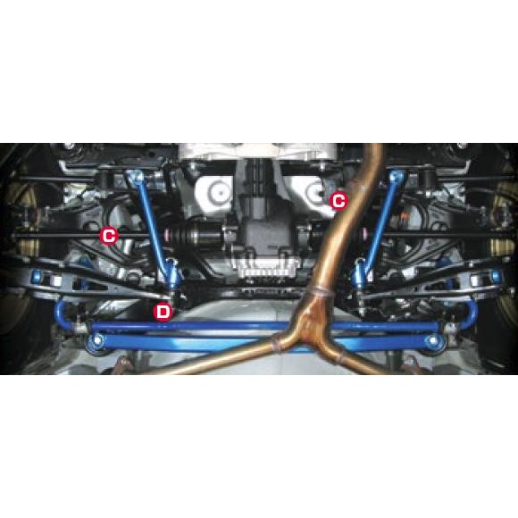 Cusco blue powder-coated steel Rear Member Side Power Brace for Subaru WRX and Legacy chassis.