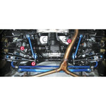 Cusco blue powder-coated steel Rear Member Side Power Brace for Subaru WRX and Legacy chassis.