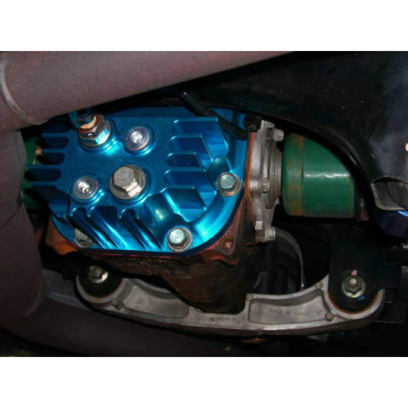 Blue anodized Cusco increased capacity aluminum rear differential cover for Subaru R180 housing.
