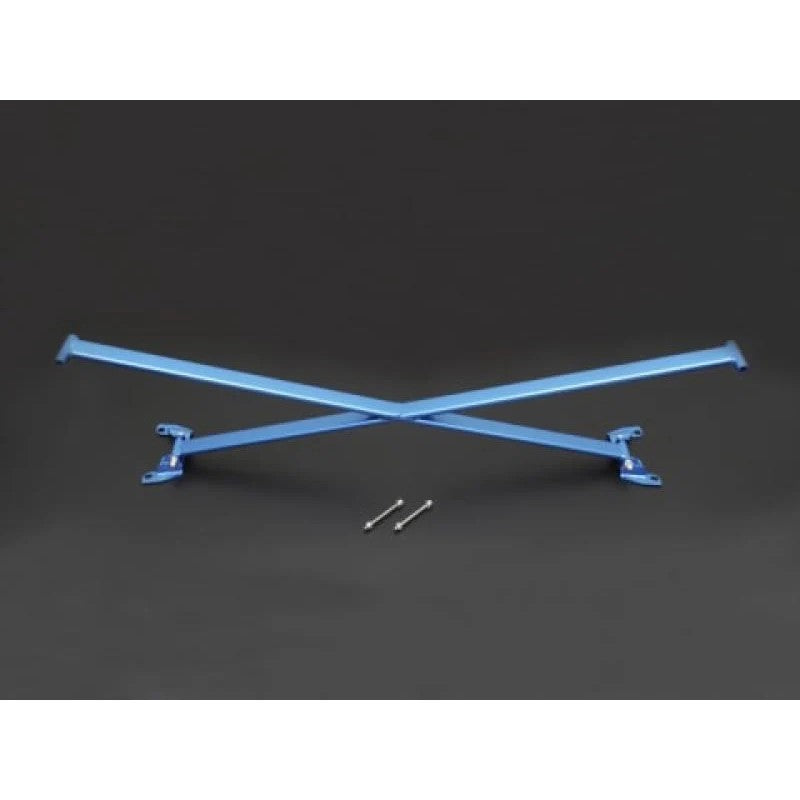Cusco aluminum strut tower bar with blue mounting brackets for 2015 Subaru Impreza VA Chassis