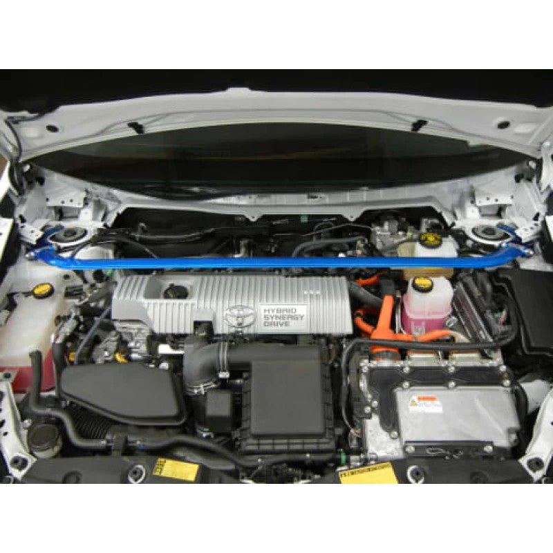 Cusco Type OS front strut tower bar with a polished aluminum oval shaft and blue steel brackets for ZVW30 Toyota Prius