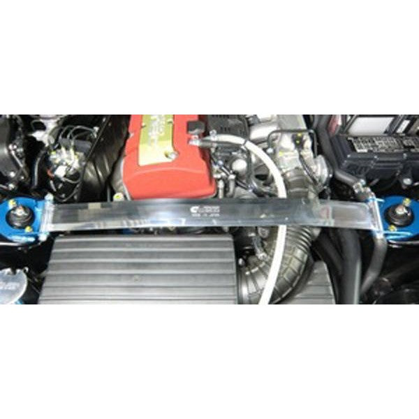 Cusco Type OS Flat front strut tower bar with polished aluminum shaft and blue end plates for Honda S2000