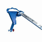 Cusco Type OS front strut tower bar featuring a polished aluminum oval shaft and blue powder-coated end plates.