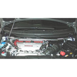 Cusco Type OS front strut tower bar featuring a polished aluminum oval shaft and blue steel end brackets.