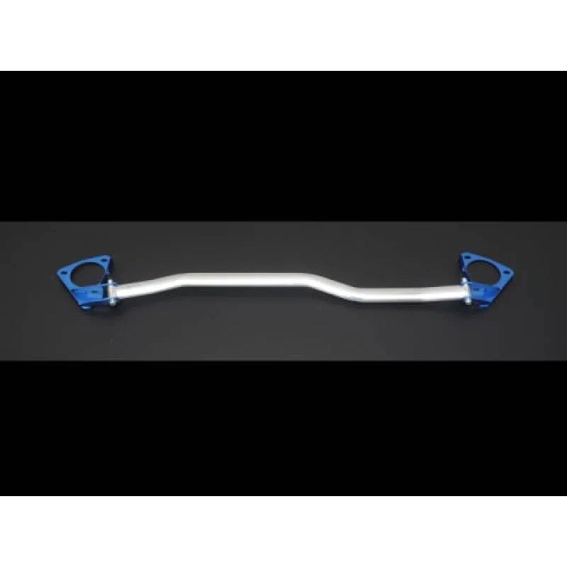 Cusco Type OS front strut tower bar featuring a polished oval aluminum shaft and blue steel brackets