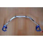 Polished aluminum Cusco Type OS front strut tower bar with blue steel brackets and firewall mounting brace for NC Miata.