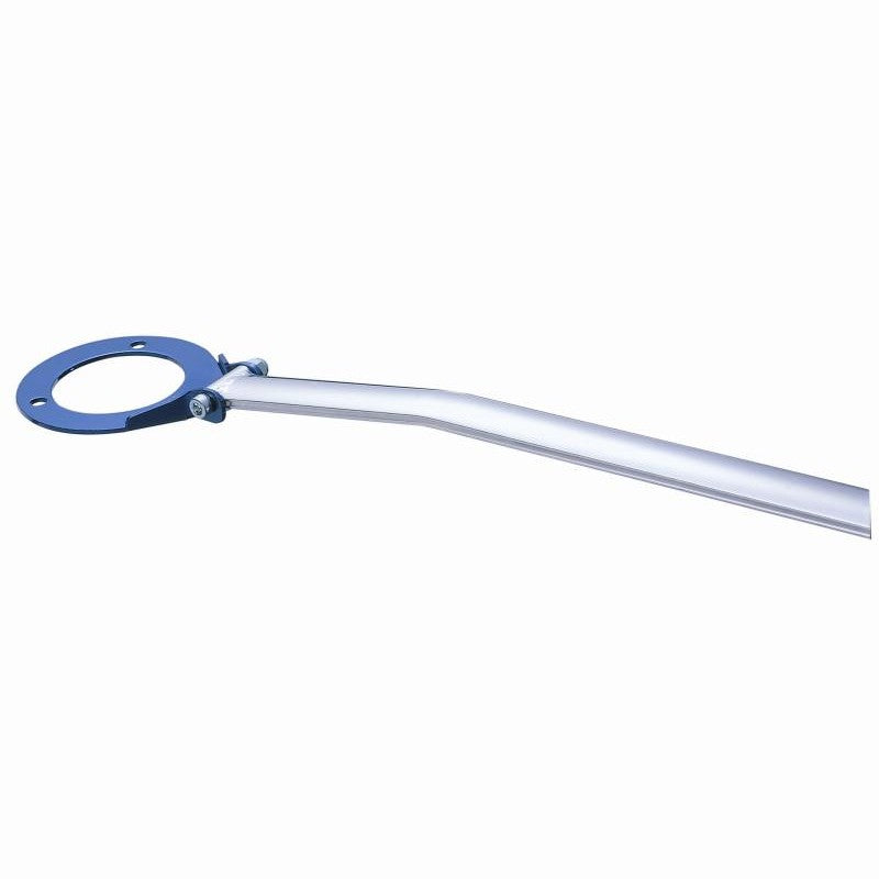 Cusco Type OS front strut tower bar with a polished aluminum oval shaft and blue-finished steel end brackets.