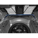 Cusco Type OS rear strut tower bar with a polished aluminum oval shaft and Cusco Blue steel brackets.