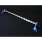 Cusco Type OS rear strut tower bar with a polished oval aluminum shaft and blue steel end plates.