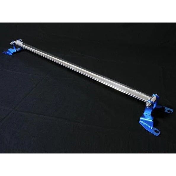 Cusco Type OS rear strut tower bar with a polished oval aluminum shaft and blue steel end plates.