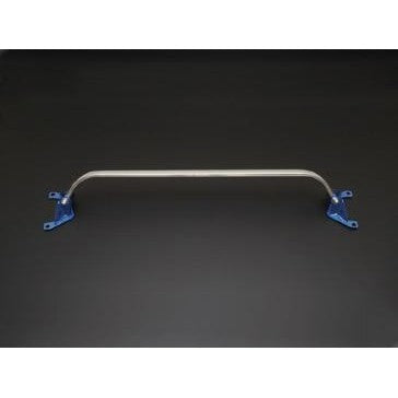 Cusco Type OS rear strut tower bar featuring a polished aluminum oval shaft and blue steel brackets for 2016 Mazda MX-5 Miata.