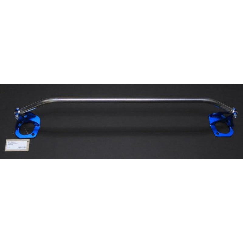 Cusco Type AS front strut tower brace featuring a polished aluminum bar and blue steel brackets for the Honda CR-V.