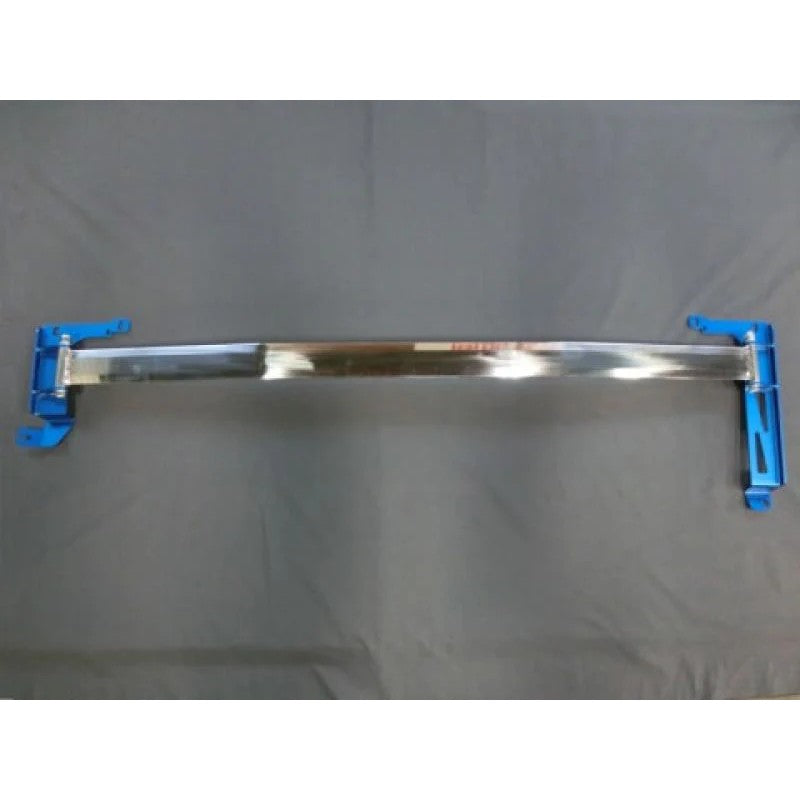 Cusco Type OS front strut tower bar with polished aluminum oval shaft and blue steel brackets for 2019+ Corolla Hatchback