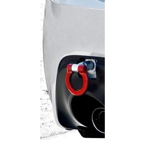 Red Cusco swivel joint rear tow hook with folding ring and threaded steel mounting shaft.
