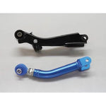Blue Cusco rear trailing rod with threaded caster adjustment and mounting bushings for Subaru BRZ and Scion FR-S.