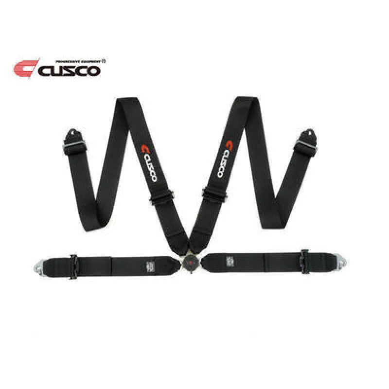 Black Cusco 4-point racing harness with 3-inch wide webbing and 7/16-20UNF threaded eyebolt hardware.