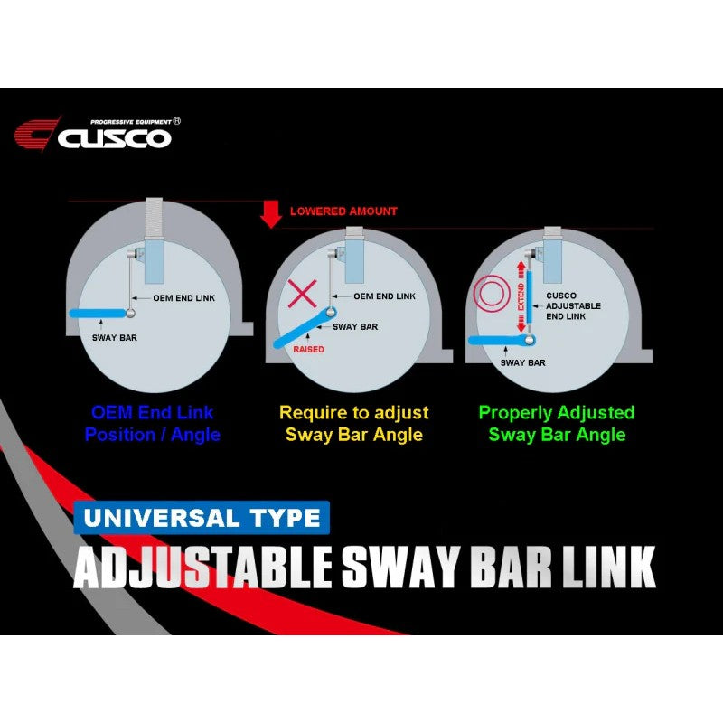 Cusco adjustable front sway bar end link set with blue anodized hardware and 345mm-375mm threaded adjustment range.