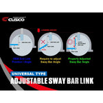 Cusco adjustable front sway bar end link set with blue anodized hardware and 345mm-375mm threaded adjustment range.