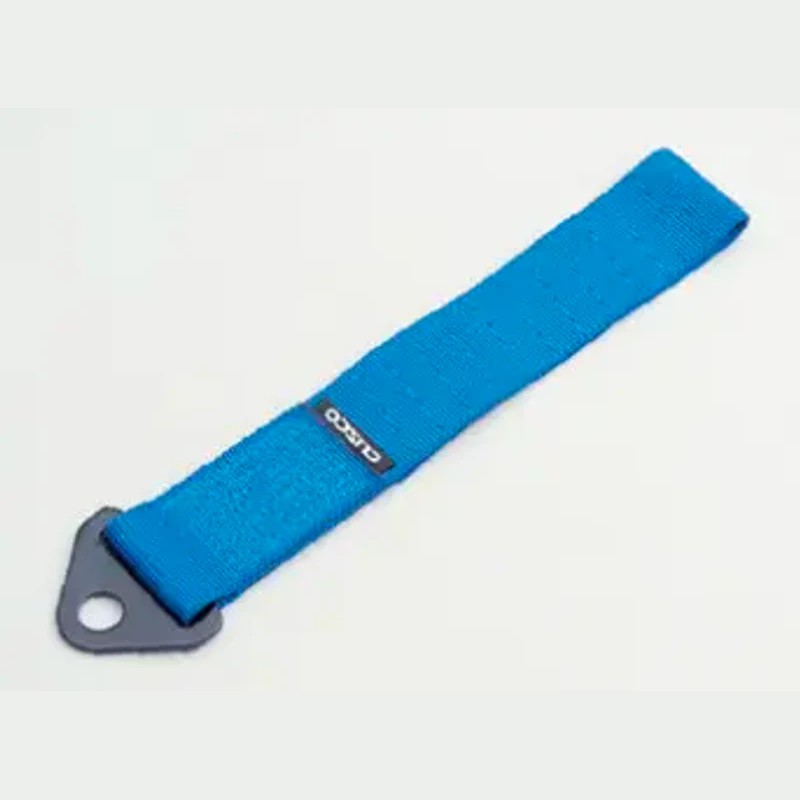 Cusco Blue high-strength fabric tow strap with white embroidered logo and metal mounting eyelet.