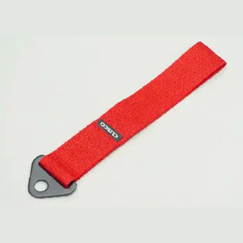 High-strength red Cusco nylon racing tow strap with metal mounting bracket and white Cusco logo.