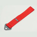 High-strength red Cusco nylon racing tow strap with metal mounting bracket and white Cusco logo.