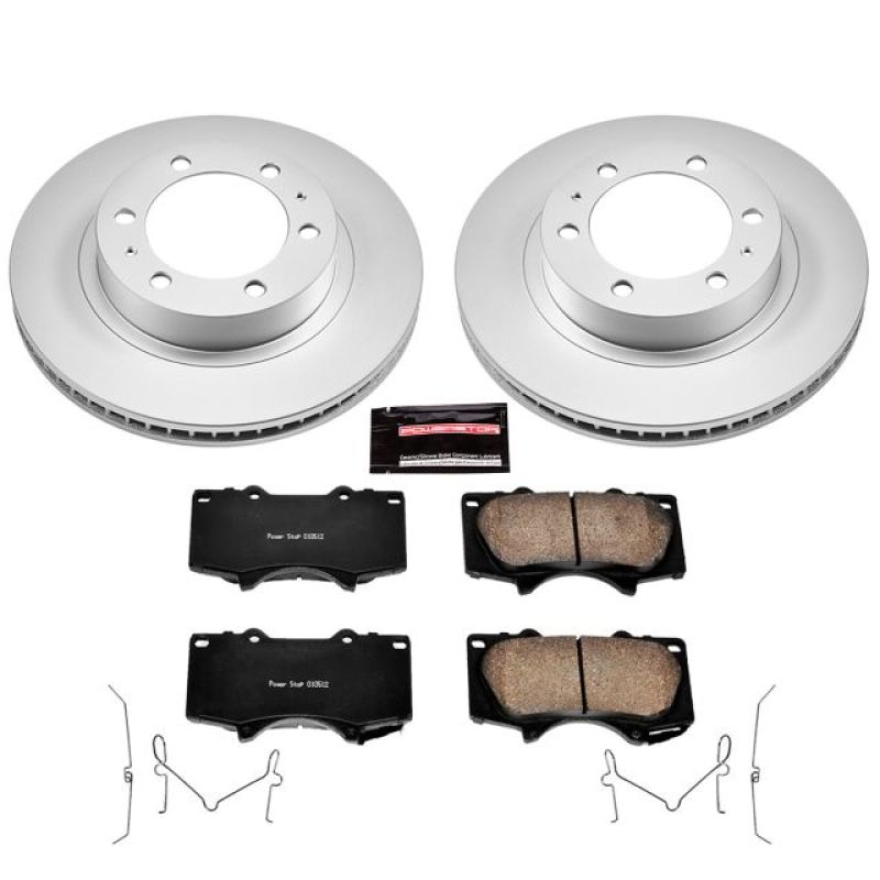 Power Stop Z17 Evolution Geomet coated front brake rotors and ceramic pads with stainless steel installation hardware.