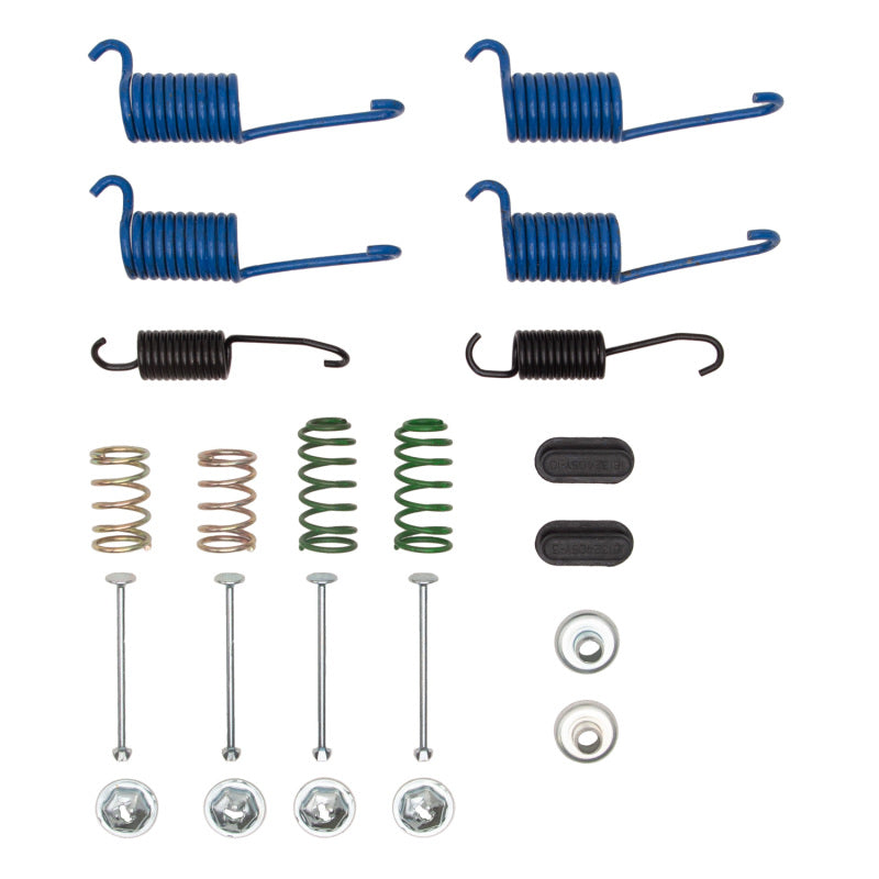DFC front drum brake hardware kit featuring various tension springs, hold-down pins, and clips for classic vehicles.