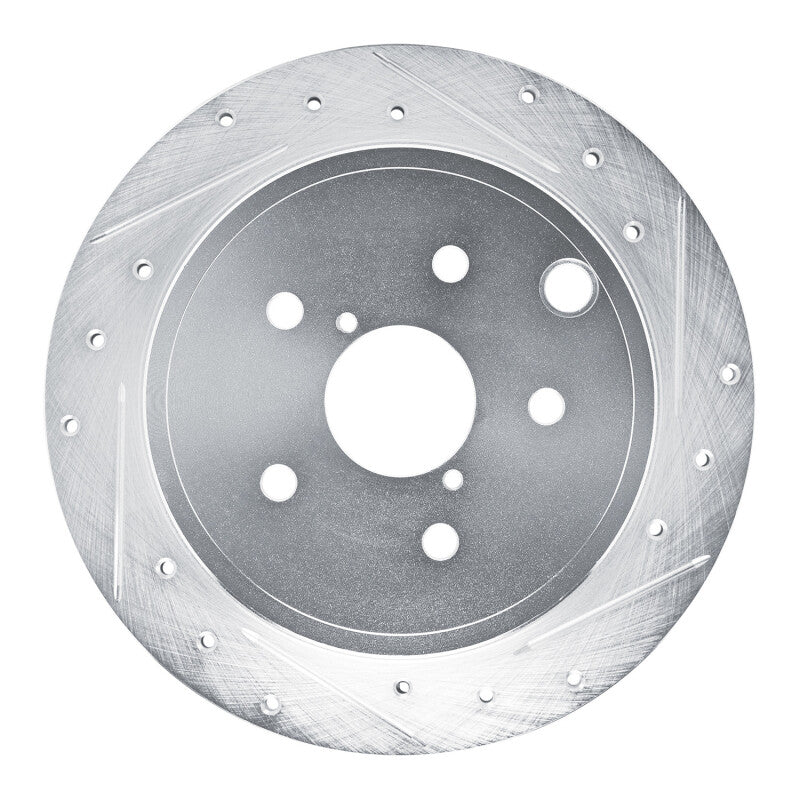 Silver drilled and slotted rear right brake rotor for 2022-2025 Subaru WRX