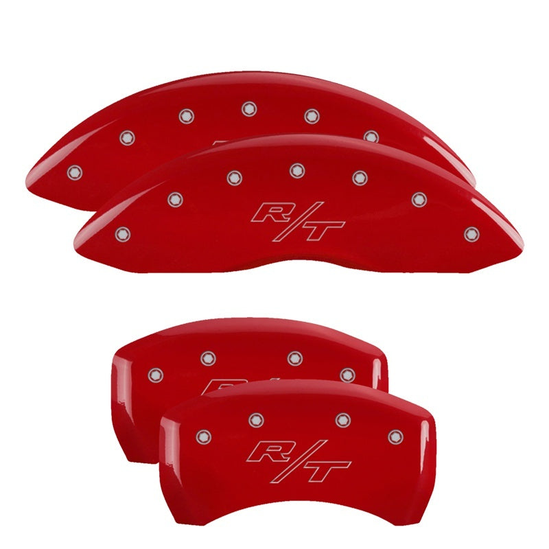 Set of four MGP red powder-coated aluminum caliper covers with silver engraved R/T logo and mounting clips.