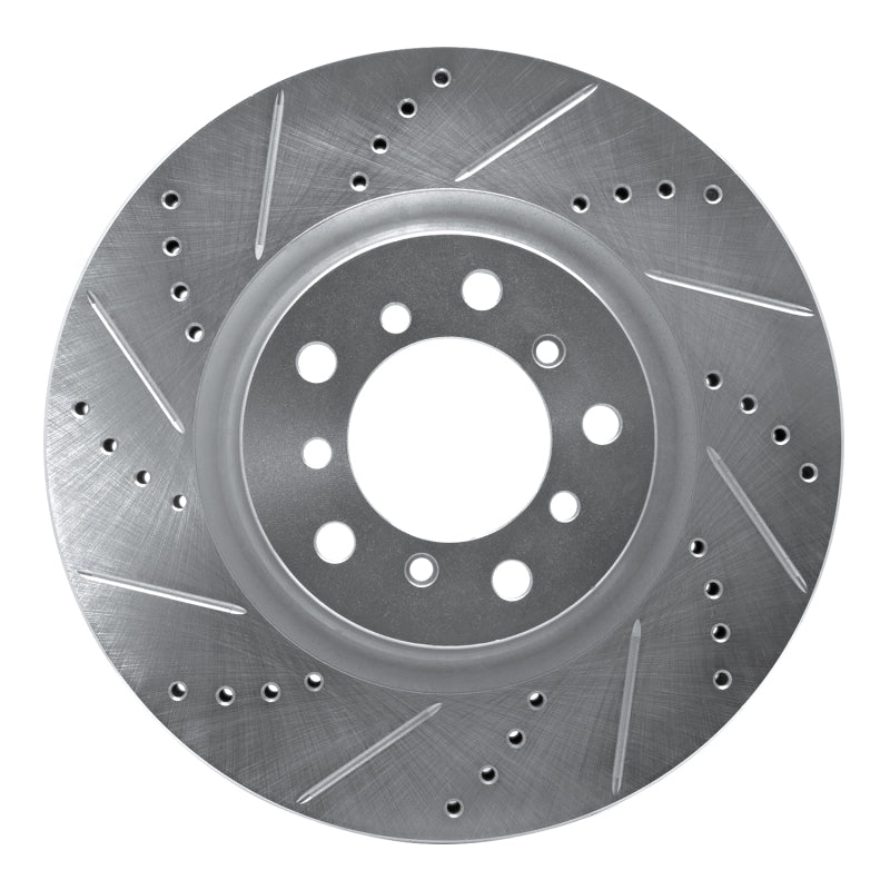 Silver zinc-plated drilled and slotted front right brake rotor for 2001-2006 BMW M3