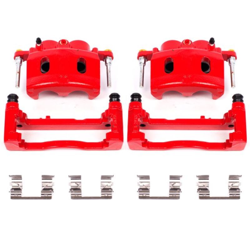 Power Stop S4918A red powder coated front brake calipers with mounting brackets and stainless steel hardware.