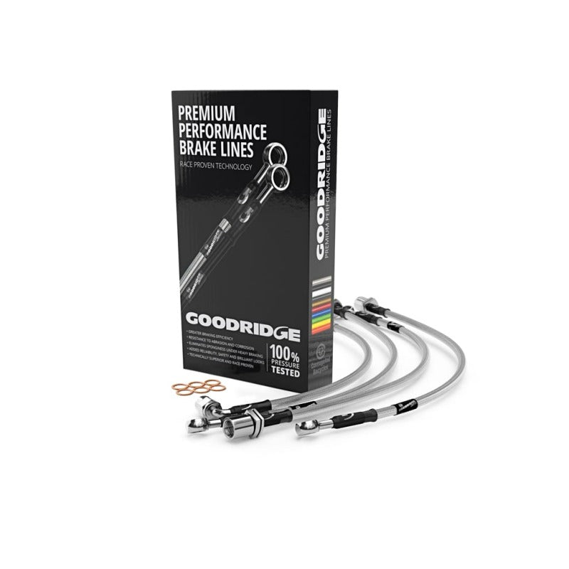 Goodridge G-Stop stainless steel braided brake lines with PTFE lining and silver fittings for BMW G80 M3 and G82 M4.