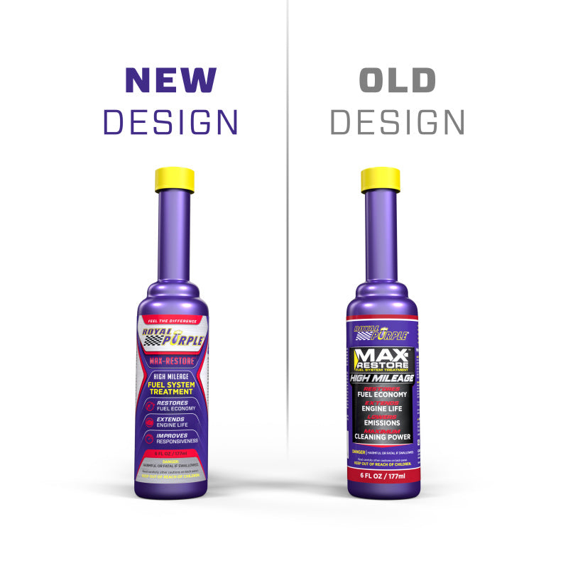 6oz bottle of Royal Purple Max-Restore High Mileage Fuel System Treatment with a purple label and clear applicator neck.
