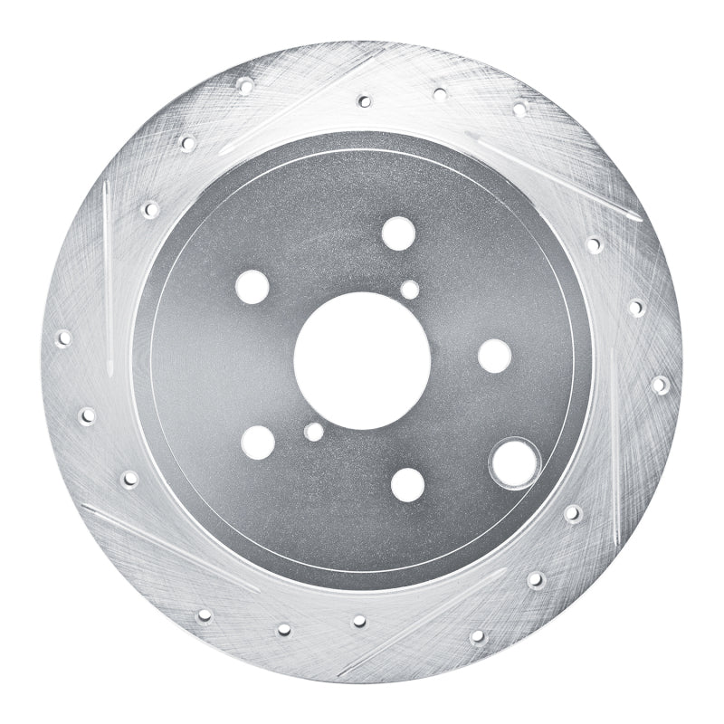 Silver zinc plated drilled and slotted rear left brake rotor for 2022-2025 Subaru WRX.