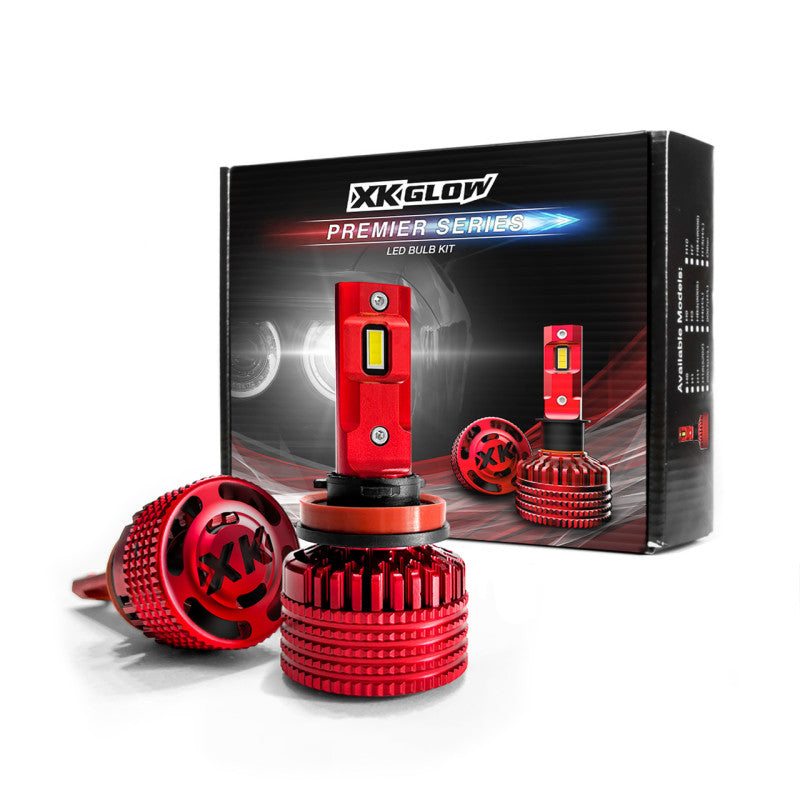 XK Glow Premier Series H11 LED bulbs featuring integrated cooling fins and wiring connectors