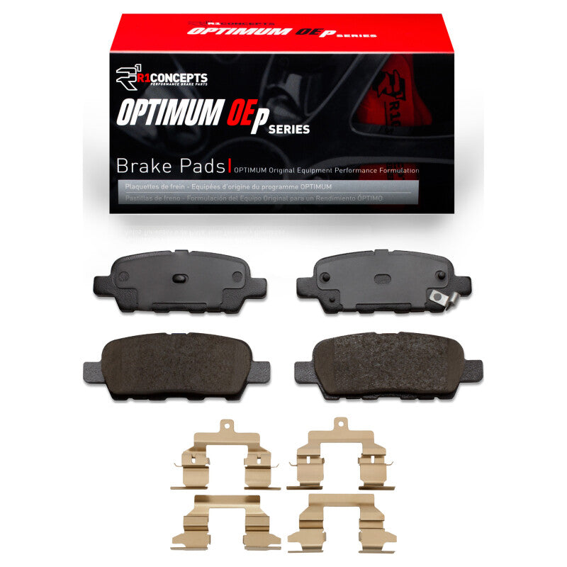 R1 Concepts Optimum OEp series rear brake pads with installation hardware clips for 2008-2013 Nissan Rogue.