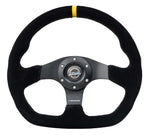 NRG Innovations Reinforced 320mm Sport Suede Flat Bottom Steering Wheel - Yellow Center Mark
