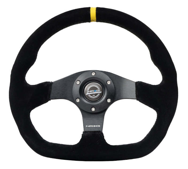 NRG Innovations Reinforced 320mm Sport Suede Flat Bottom Steering Wheel - Yellow Center Mark
