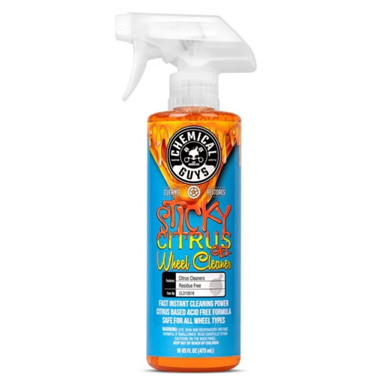 16-ounce bottle of Chemical Guys Sticky Citrus Wheel and Rim Cleaner Gel with spray applicator