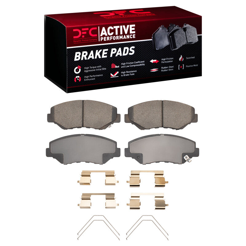 DFC Active Performance front brake pad set with included stainless steel hardware clips.